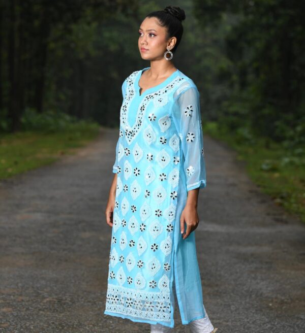 Sky Blue Mirror Work Georgette Kurti